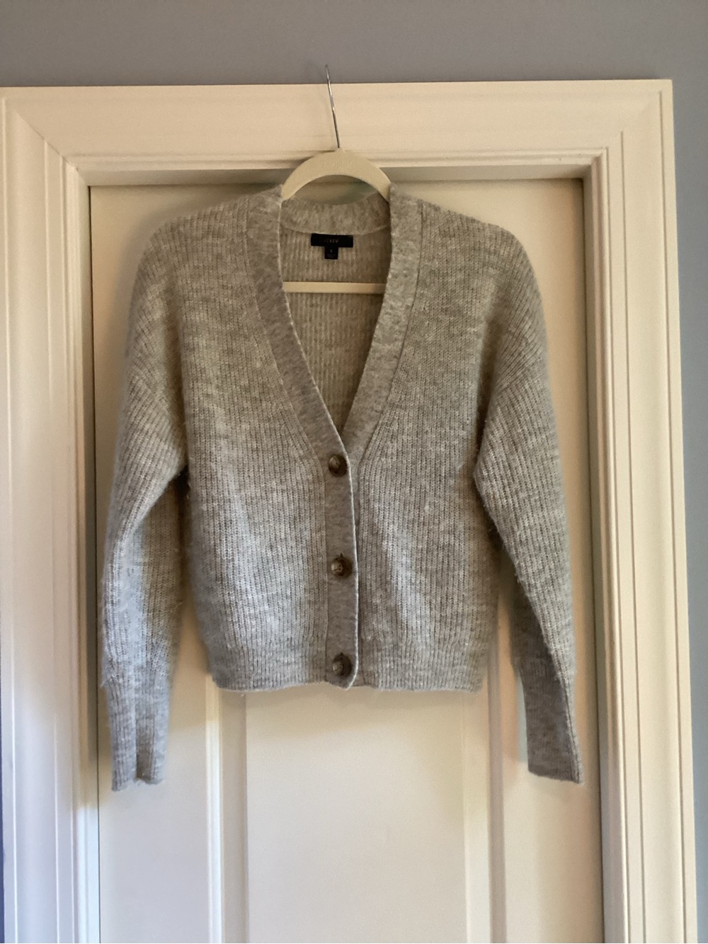J. Crew Light Gray Cropped V-Neck Button-Front Ribbed Cardigan - Picture 2 of 8